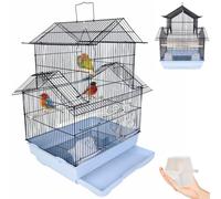 BAKAJI Aviary Cage for Birds, House Shape, Parrots, Parakeets, Birds with Metal Sliding Trolley and Wooden Swings, House Cage with Perches and Feeders