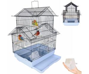 BAKAJI Aviary Cage for Birds, House Shape, Parrots, Parakeets, Birds with Metal Sliding Trolley and Wooden Swings, House Cage with Perches and Feeders