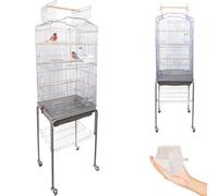 BAKAJI Aviary Cage for Birds, Inseparable Parrots, Cockatiels, Bird Parakeet Cage Pedestal and Wheels, Openable Roof and Feeders, Wooden Perches, Removable Tray (Grey)
