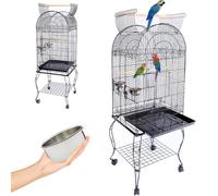 BAKAJI Aviary Cage for Birds, Inseparable Parrots, Parakeets, Birds with Trolley and Openable Roof in Metal and Black Wood Cage with Perches and Wheels with Block, 59 x 59 x 150 cm