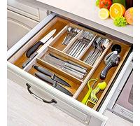 BAKAJI Bamboo Wood Kitchen Extendable Cutlery Tray with 5 Compartments Cutlery Holder + 2 Retractable Bamboo Colour Natural Space Saving (46 x 30 x 5 cm)