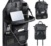 BAKAJI Car Seat Back Protector Organizer with Folding Table 4 USB Ports Storage Pockets Bottle Holder and Towel Holder Organizer in Faux Leather Black