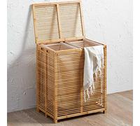 Bakaji Dirty Bamboo Laundry Basket with Grey Fabric for Home Bathroom with 2 Compartments Space Saving Storage Box with Lid and Extendable Bag, 50 x 35 x 60 cm