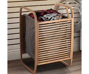 Bakaji Dirty Bamboo Laundry Basket with Grey Fabric Home Bathroom Modern Curved Design Space Saving with Removable Bag 40x35x61cm