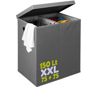 BAKAJI Dirty Laundry Basket 150 L with 2 Compartments, Double Basket with Pull-Out Bags for Laundry and Laundry Sorting Tray with Metal Handles, Odour Proof Lid, 64 x 36 x 65 cm