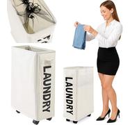 BAKAJI Dirty Laundry Basket Slim Space Saving Foldable Fabric Decoration Mesh Handle Handle 4 Wheels 39 x 20 x 56 cm (Beige)