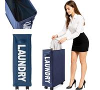 BAKAJI Dirty Laundry Basket Slim Space Saving Foldable Fabric Decoration Mesh Handle Handle 4 Wheels 39 x 20 x 56 cm (Blue)