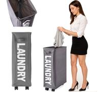 BAKAJI Dirty Laundry Basket Slim Space Saving Foldable Fabric Decoration with Mesh Handle Handle and 4 Wheels Size 39 x 20 x 56 cm (Grey)