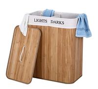 BAKAJI Dirty Laundry Basket with Double Compartment Laundry Basket 2 Spaces Bamboo and Fabric Capacity 100 Litres 52 x 32 x 63 cm