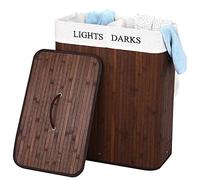 BAKAJI Dirty Laundry Basket with Double Compartments, 2 Spaces of Bamboo and Fabric, 100 Litres - 52 x 32 x 63 cm