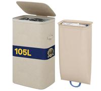 BAKAJI Dirty Laundry Basket with Removable Compartment, 105 Litres, Polyester Basket with Pull-Out Bag for Laundry and Laundry with Handles, Odour Proof Lid, 42 x 32 x 67 cm (Beige)