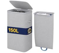 BAKAJI Dirty Laundry Basket with Removable Compartment, 105 Litres, Polyester Basket with Pull-Out Bag for Laundry and Laundry with Handles, Odour Proof Lid, 42 x 32 x 67 cm (Grey)