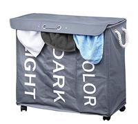 Bakaji Dirty Laundry Hamper with 3 Compartments 3 Compartments Oxford Fabric Foldable Laundry Basket with Wheels and Handles, Size 63 x 35 x 57 cm (Grey)