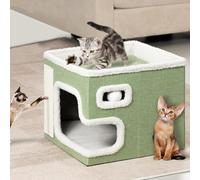 BAKAJI Folding Cat Bed with Large Entrance, Pet Shelter, Scratching Post Made of Warm and Padded Polyester, Non-Slip Base 42 x 42 x 33 cm (Green)