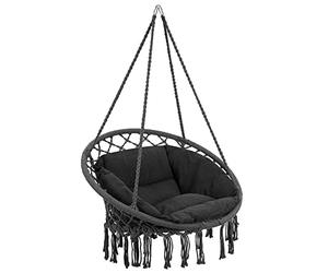 Bakaji Outdoor Hanging Armchair Garden Cotton Rope Swing Chair Hanging Hammock Terrace Camping with Circular Steel Structure Padded Seat Cushion Modern Design (Grey)
