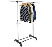 BAKAJI Space-Saving Steel Clothes Stand with Wheels Telescopic Rods Adjustable in Height and Width (Single), Black, Grey