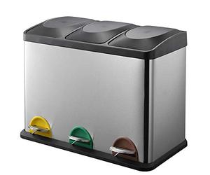 BAKAJI Stainless Steel and Plastic Separated Collection Bin with Compartments Removable Bin with Pedal Opening for Home Kitchen and Outdoor, 3 x 15 Litres (45 Litres)