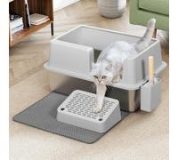 BAKAJI XXL Cat Litter Tray Semi-Open with Stainless Steel Base, 35 Litre Capacity and Anti-Sand Platform, Scoop with Container and Anti-Dirt Mat, 60 x 40 x 30 cm