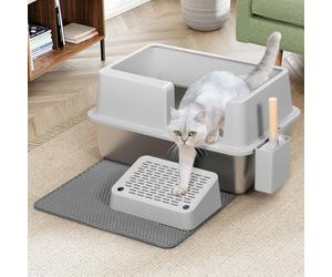 BAKAJI XXL Cat Litter Tray Semi-Open with Stainless Steel Base, 35 Litre Capacity and Anti-Sand Platform, Scoop with Container and Anti-Dirt Mat, 60 x 40 x 30 cm