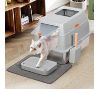 BAKAJI XXL Cat Litter Tray with 35 Litre Stainless Steel Base and Transparent Lockable Flap Anti-Sand Platform, Scoop with Container and Anti-Dirt Mat, 40 x 60 x 39 cm