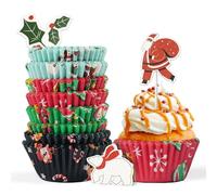 Bake Choice 200 Pcs Standard Christmas Cupcake Cases with 12 Pcs Cupcake Toppers, Bottom 5 cm, Muffin Cases Perfect for Christmas Parties, School Events and Family Baking