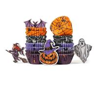 Bake Choice 400pcs Halloween Cupcake Cases with 12 pcs Toppers, Bottom Diameter 3.5cm, Mini Size,Perfect for Halloween Parties, School Events and Family Baking