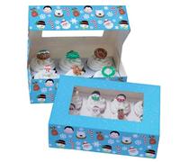 Baked with Love Christmas Friends Cupcake Boxes, Twin Pack, To Carry Tasty Festive Treats, Dual Insert for 6 Standard or 12 Mini Cupcakes or Muffins, Snowman, Santa, Rudolph, And Penguin, Pack of 2