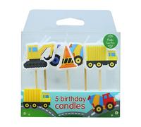 Baked With Love Construction Cake Candles, 5 Bright Birthday Celebration Cake Decorations, Diggger, Lorry, Mixer, Bamboo Pic - Pack of 5 Candles