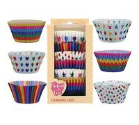 Baked With Love Rainbow Brights Cupcake Cases, 50mm Baking Cups, Mulitcoloured Stars, Stripes, Spot, Hearts, Greaseproof Paper Cases for Muffins and Cupcakes, Pack of 150, 0686970