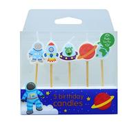 Baked With Love Space Cake Candles, 5 Bright Birthday Celebration Cake Decorations with Rocket Ship, Astronaut, Saturn, Earth, Alien Spaceship, Bamboo Pics - Pack of 5 Candles
