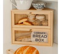 BakedBin Corner Bread Box for Kitchen Countertop - New 2025 Design, Vintage Bamboo Wooden BreadBox, Large, Double Layer Storage for Homemade Bread, Sourdough, Panera, Under Cabinet Organizer