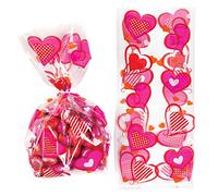 Baker Ross AC672 Heart Cellophane Gift Bags with Twist Ties for Children - Perfect Valentines Day Party Bag Filler or Gift for Kids (Pack of 20), Clear,Pink,Orange