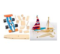 Baker Ross AG769 Paint Your Own Wooden Racing Car, Craft Kits for Kids to Assemble (Pack of 2), 2 Pack & EF666 Wooden Sailboat Kits (Pack of 2) for Kids to Decorate, Arts and Crafts, 19cm