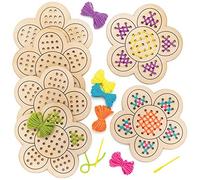Baker Ross AT378 Flower Wooden Threading Kits - Pack of 4, Wooden Kits, Sewing Activity, Threading Set