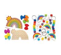 Baker Ross AW420 Rainbow Wooden Threading Kits (Pack of 4) & AR434 Make Your Own Wooden Rainbow Keyring, For Kids To Paint, Decorate and Use (Pack of 4), 12cm