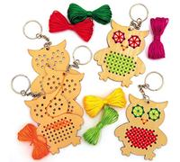 Baker Ross AX158 Owl Wooden Cross Stitch Keyring Kits - Pack of 5, Cross Stitch for Beginners and for Kids Arts and Crafts Projects