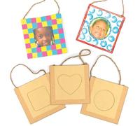 Baker Ross E7573 Design Your Own Hanging Photo Frames - Pack of 12, 7.5cm x 7.5cm, Wooden Frames, Assorted Apertures, Hanging Cord