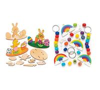 Baker Ross Easter Wooden Scenes - Pack of 4, Kids Crafts (AT454) & AR434 Make Your Own Wooden Rainbow Keyring, for Kids to Paint, Decorate and Use (Pack of 4), 12cm