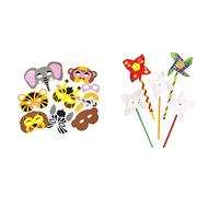Baker Ross EC120 Jungle Animal Foam Mask Kits (Pack of 6) & Windmill Craft Activity Pack (Pack of 8) Make Your Own Pinwheel Kit for Kids to Decorate, White, 8 Pack