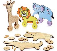 Baker Ross FC882 Jungle Animal Wooden Racer - Pack of 5, Kids Party Bag Craft, Racing Wood Craft Toys for Kids