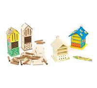 Baker Ross FE508 Wooden Bug Hotel Kits - Pack of 2, Woodcraft Activities to Paint and Decorate,Green & AF505 Wooden Bug House Craft Kits Bughouses to Paint and Decorate