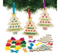 Baker Ross FE862 Christmas Tree Cross Stitch Craft Kit - Pack of 5, Sewing and Cross Stitch for Kids, Crafts for Kids, Green, Orange, Purple, Red