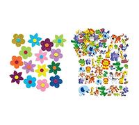 Baker Ross Flower Glitter Stickers - Pack of 120, Easter Crafts, Craft For Kids (AX881) & EV3115 Jungle Animal Foam Stickers (Pack of 96) Self Adhesive Puffy Scrapbook Stickers