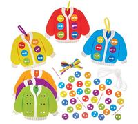 Baker Ross FN432 Cardigan Button Threading & Lacing Decoration Kits - Pack of 6, Learn to Sew Kits for Kids