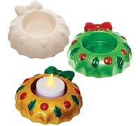 Baker Ross FN647 Wreath Ceramic Tealight Holders - Pack of 2, Christmas Holiday Tealight Holders Featuring Decorative Wreath Designs