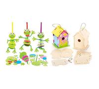 Baker Ross Frog Stacking Decoration Kits, Ideal for Kids' Arts and Crafts, decorations, ornaments, keepsakes (6 Pack) and EF665 Wooden Birdhouse Kits (Pack Of 2) For Kids To Make & Decorate