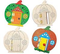 Baker Ross FX250 Pumpkin Wooden Fairy Doors - Pack of 4, Halloween Wood Craft Decoration Craft Kit for Kids