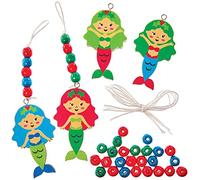 Baker Ross FX372 Christmas Mermaid Bead Decoration Kits - Pack of 4, Wood Craft Decorations for Kids Christmas Party, Arts and Crafts for Kids