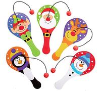 Baker Ross FX396 Christmas Chums Mini Biff Bats - Pack of 10, Xmas Ball on a String for Kids, Kids Toys for Party Bags, Paddle Ball Toy