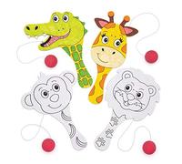 Baker Ross Mini Colour In Jungle Animal Paddle Bat and Ball, Elasticated Bat and Ball for Kids to Personalise, Decorate and Play with for Arts and Crafts (Pack of 5)